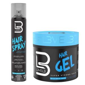 image:imageL3  Level 3 Hair Gel amp Hair Spray Kit  Super Strong Hold  Flake Free  Long Lasting Shine  Great for Men and Women  Strong Hold Hair Spray Hair Gel amp Hair Spray